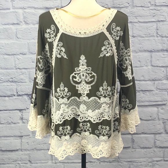 Democracy Embroidered Crochet Top in Olive Green - Picture 4 of 16
